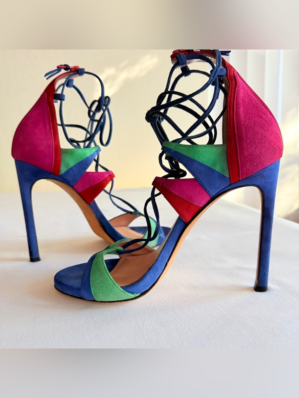 Stuart Weitzman Razzle Multicolor Suede Lace Up Stiletto Sandals Size 7 - Picture 7 of 16